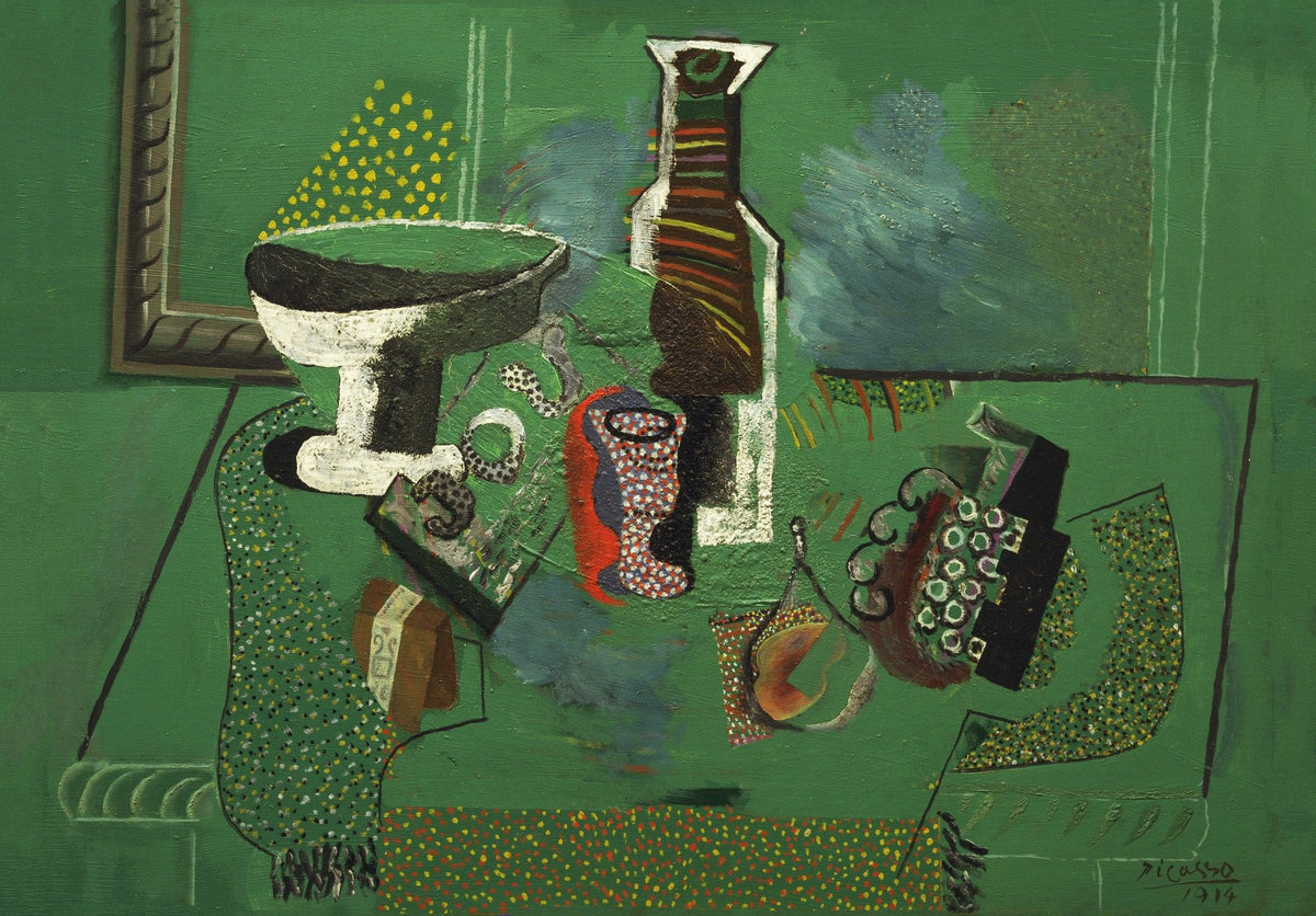 A green-dominated still life arranges a bottle, bowl and patterned objects across a table in layered geometric forms.