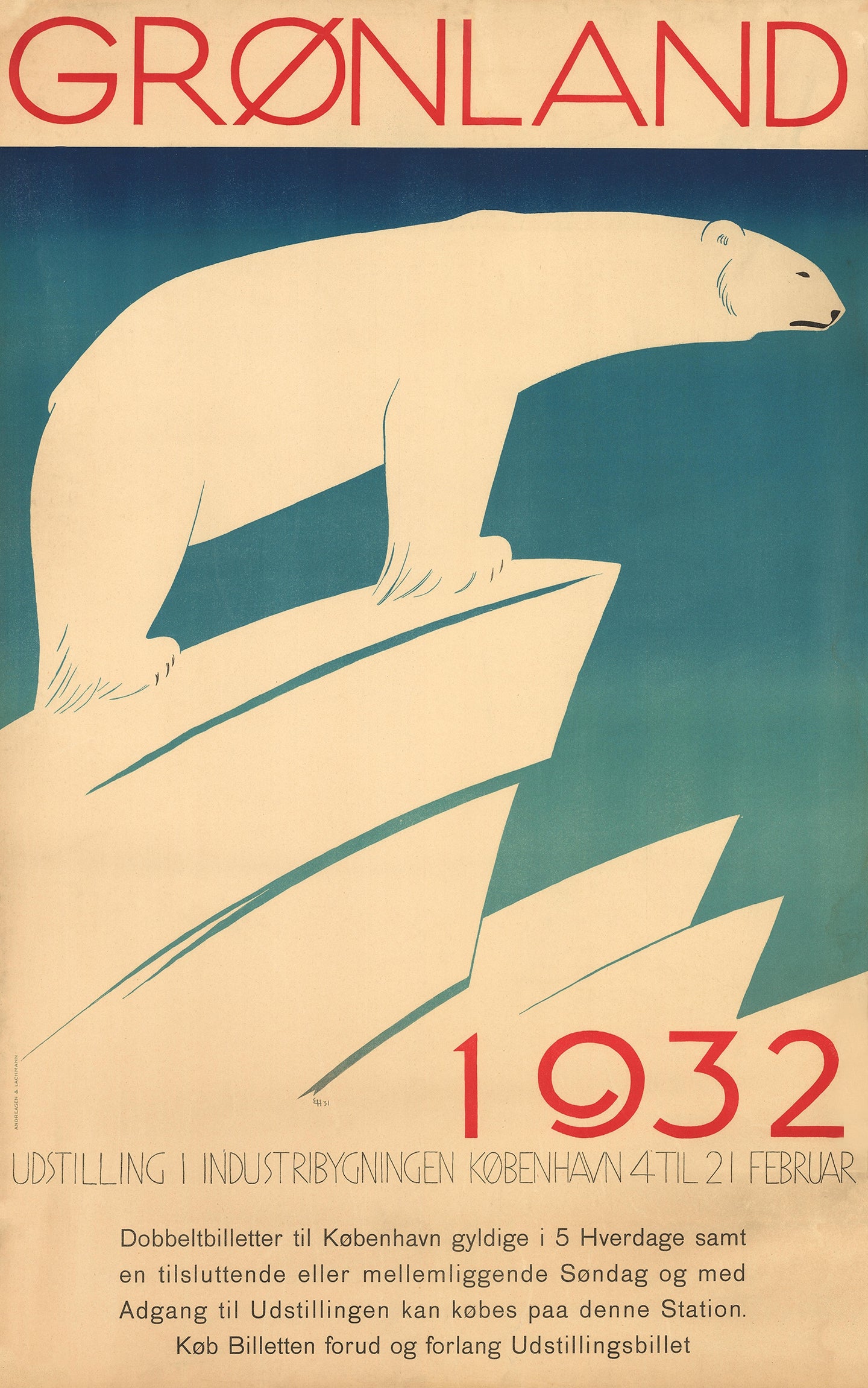 Vintage travel advertisement Gronland Polar bear c1932