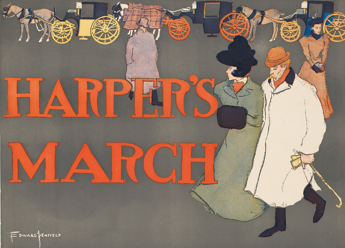 Fashionably dressed figures and horse-drawn carriages accompany oversized orange Harper's March lettering on a muted grey background.