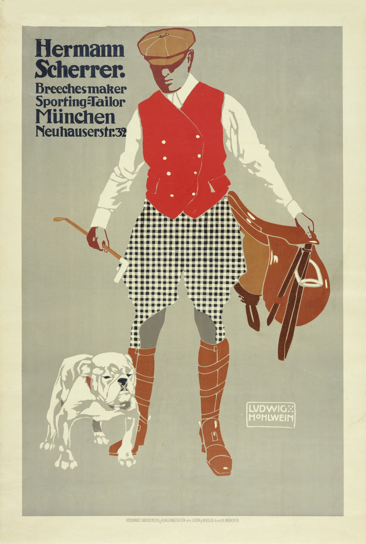 A rider in a red waistcoat and checked breeches carries a saddle beside a white bulldog, advertising a Munich sporting tailor.