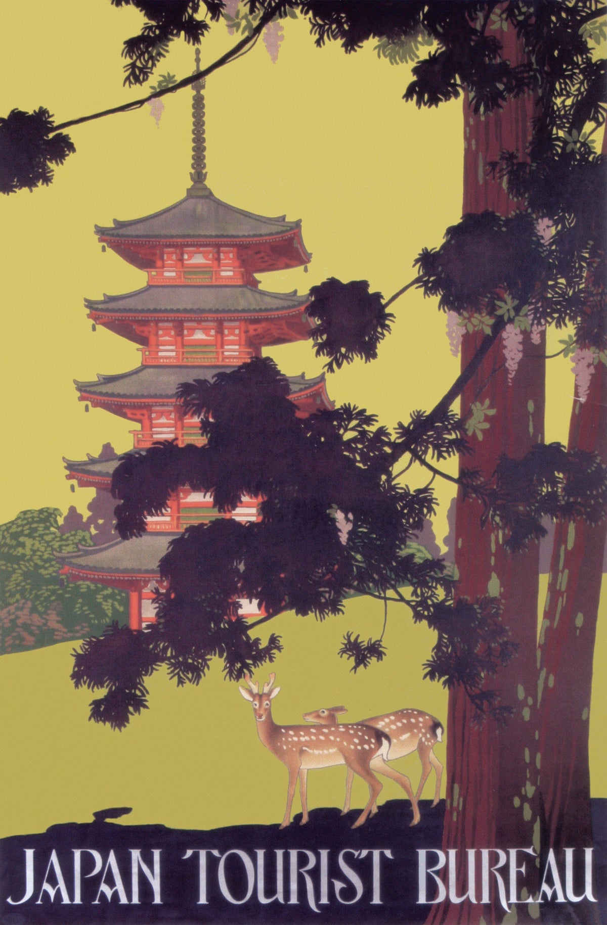 Two spotted deer stand beneath dark tree branches beside a red pagoda, against a warm yellow-green background.