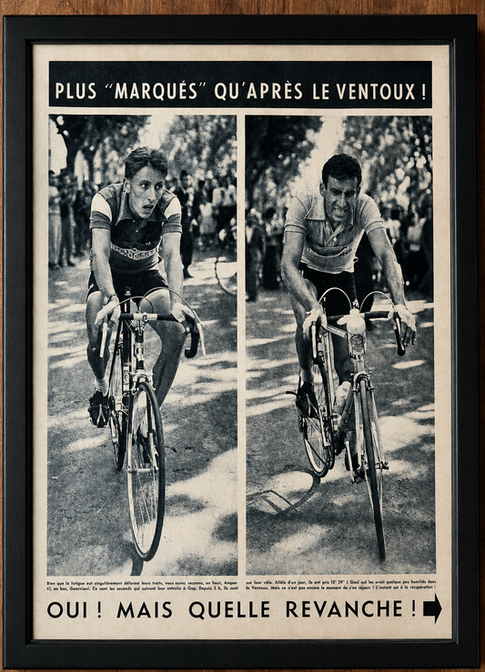 Vintage Tour de France cycling print c1958 Jacques Anquetil Raphael Geminiani