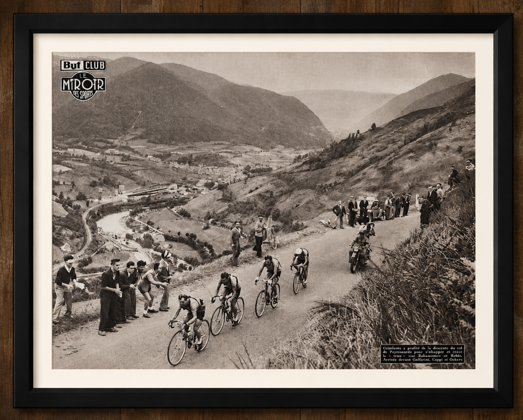 Vintage Tour de France cycling print c1951 Coppi Geminiani