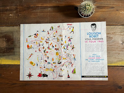 Vintage Original Tour de France Route Map, 1965, Louison Bobet