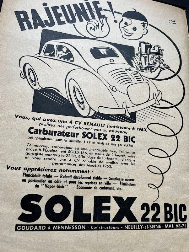 Solex Carburettors Vintage Advertisement Print - c1952 Renault 4cv