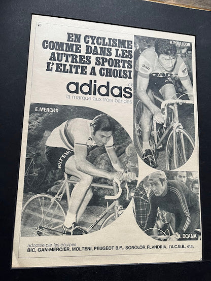 Rare vintage Adidas advertisement 1973 print Eddy Merckx, ,Raymond Poulidor, Luis Ocana