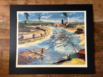 Vintage 1950s school poster - 'Logs nearing a Pulp mill' - Mac Tatchell