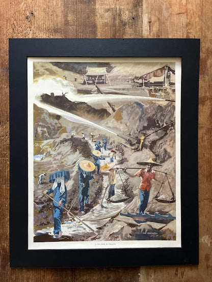 Vintage 1950s School Poster - A Tin Mine in Malaya - Mac Tatchell