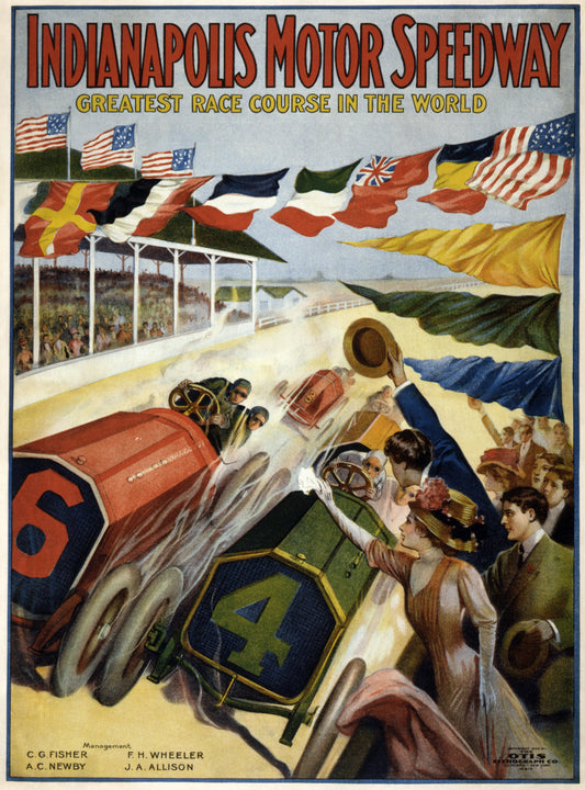 Early racing cars pass cheering spectators beneath rows of international flags.