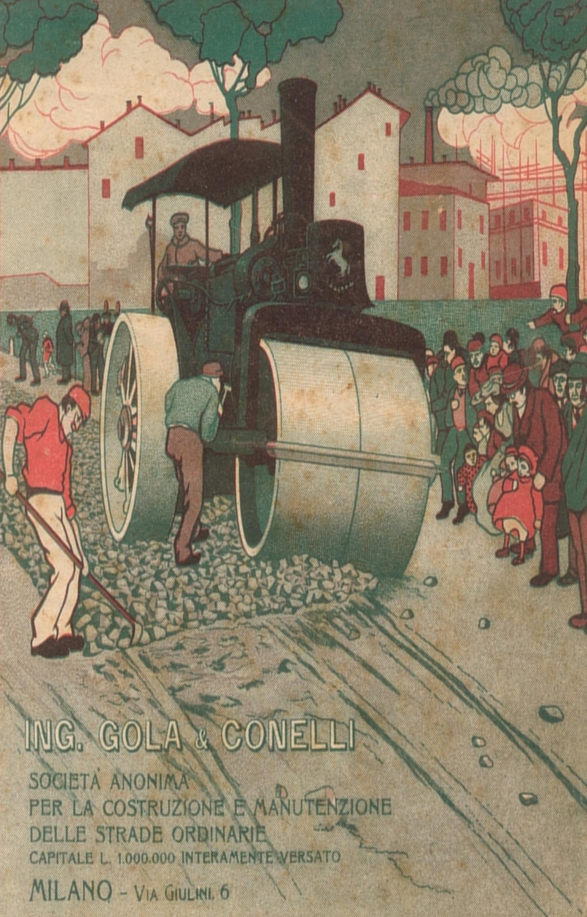 A steamroller and road workers draw a crowd in a tree-lined street, rendered in muted greens and warm pinks.