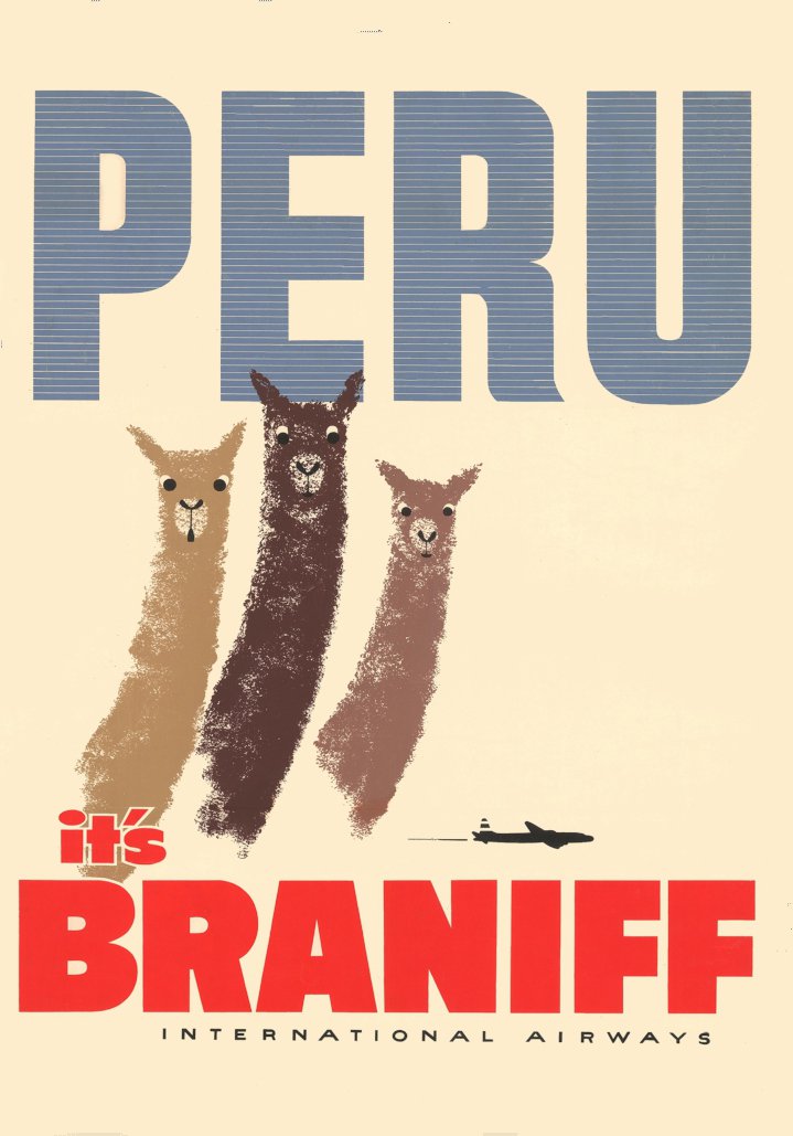 Three stylised llamas beneath large PERU lettering, with red Braniff typography.