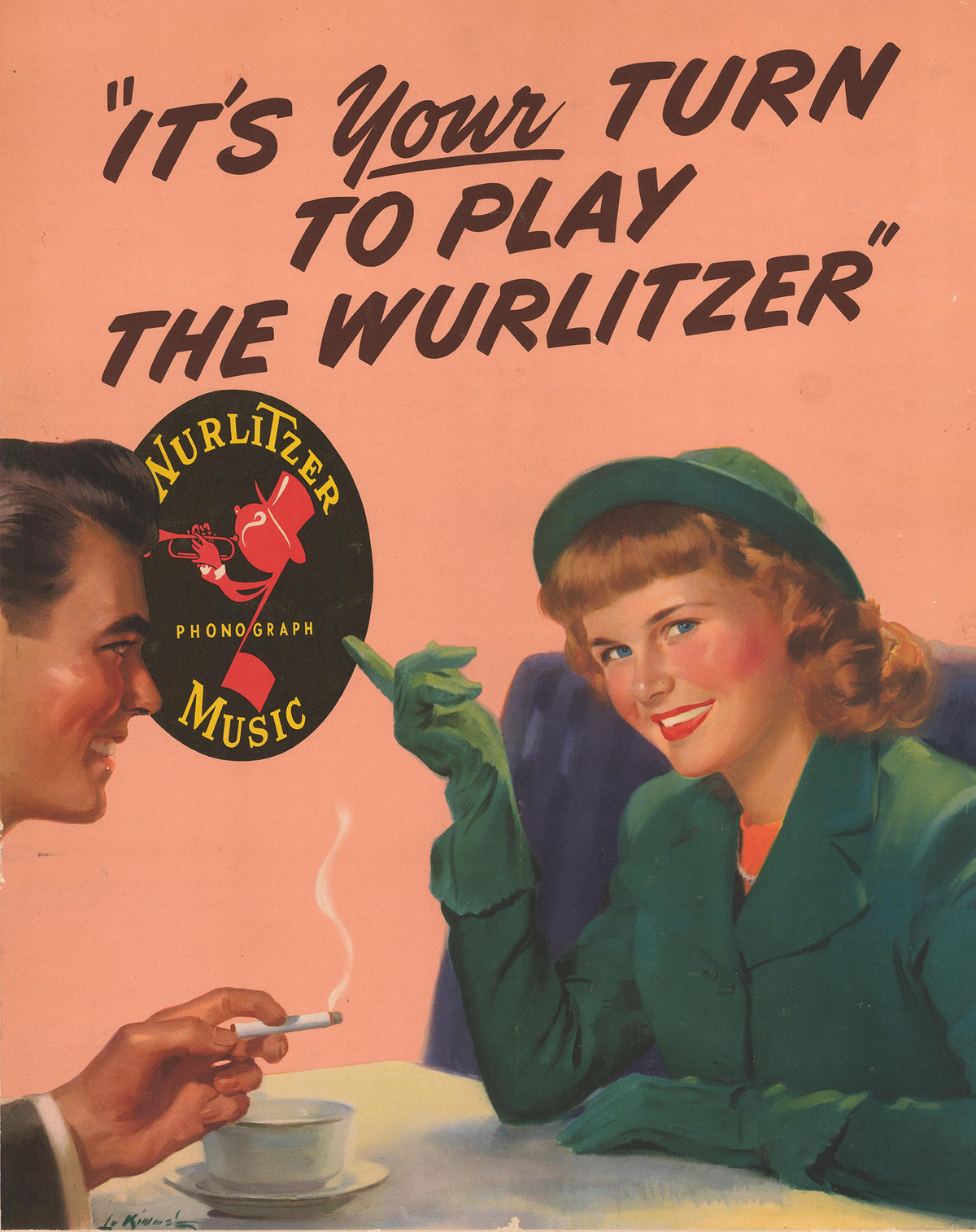A smiling woman in green holds a Wurlitzer record beside a man with a coffee cup against a warm peach background.