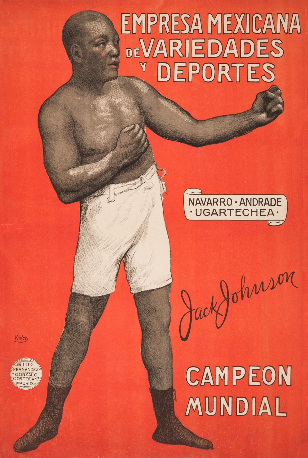 World champion Jack Johnson stands in a boxing pose against a vivid red background with Spanish-language lettering.