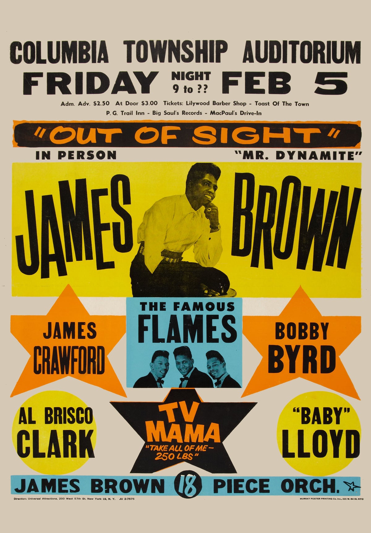 A yellow central panel featuring James Brown sits above colourful stars and portraits of the Famous Flames and supporting per