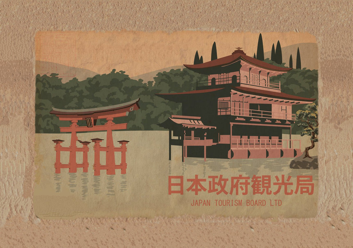 A muted red torii gate stands in water beside a traditional waterside building, with Japan Tourism Board lettering below. The supplied image includes a wide textured border.