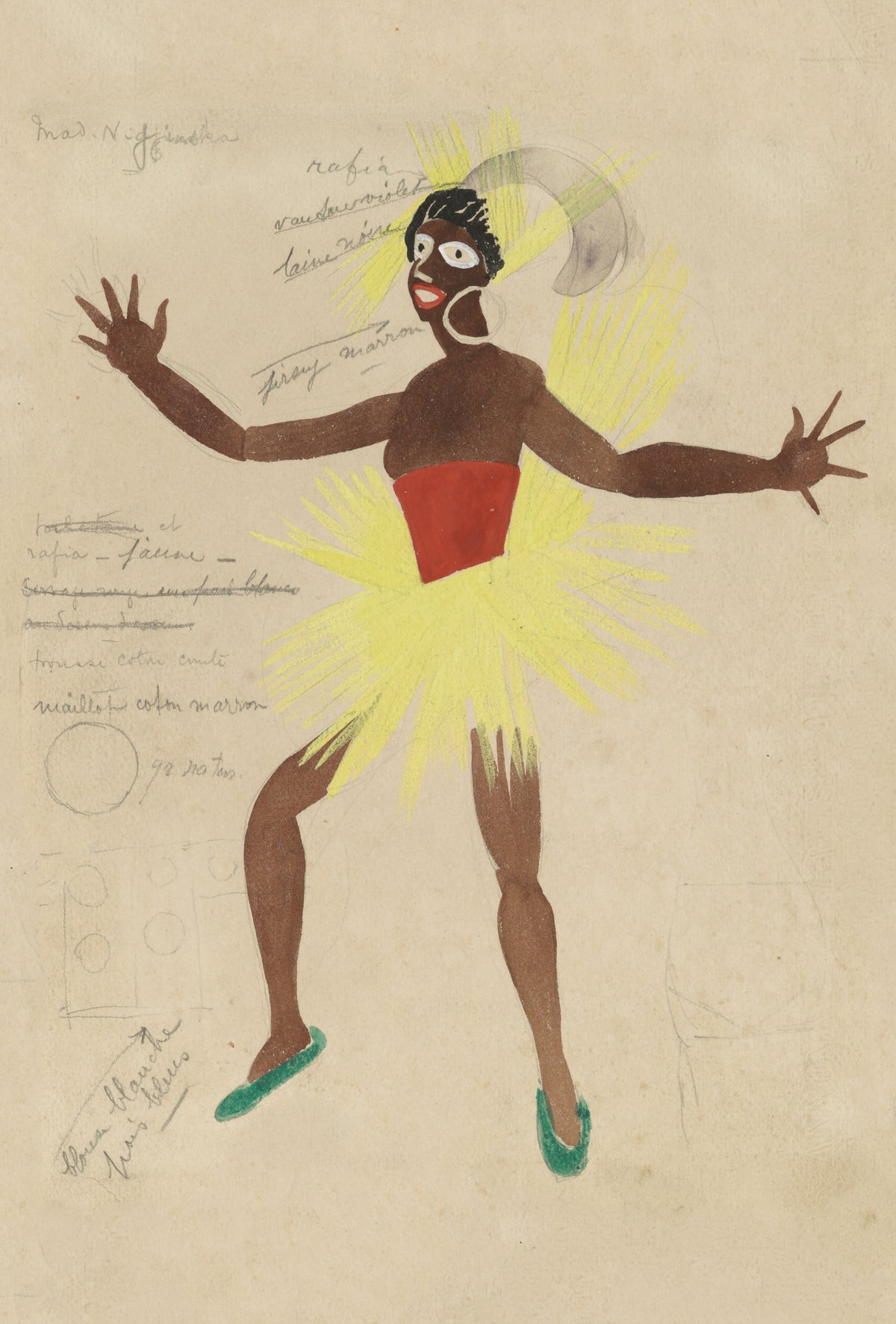 A theatrical costume sketch shows an animated dancer in a red bodice, pale yellow skirt and green shoes, surrounded by handwritten notes.