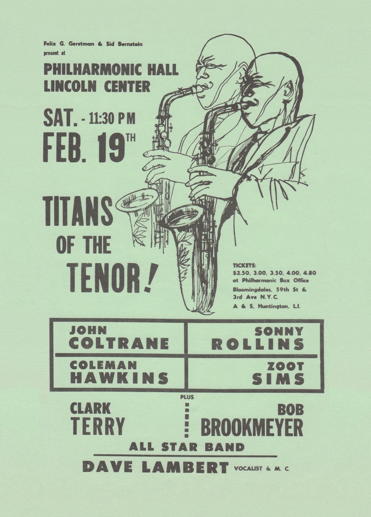 Line drawings of two saxophonists accompany bold lettering naming John Coltrane, Sonny Rollins, Coleman Hawkins and Zoot Sims
