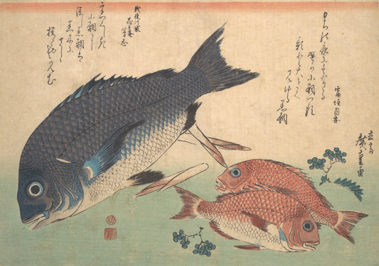 Kurodai and Kodai Fish with Bamboo Shoots and Berries vintage print, Utagawa Hiroshige