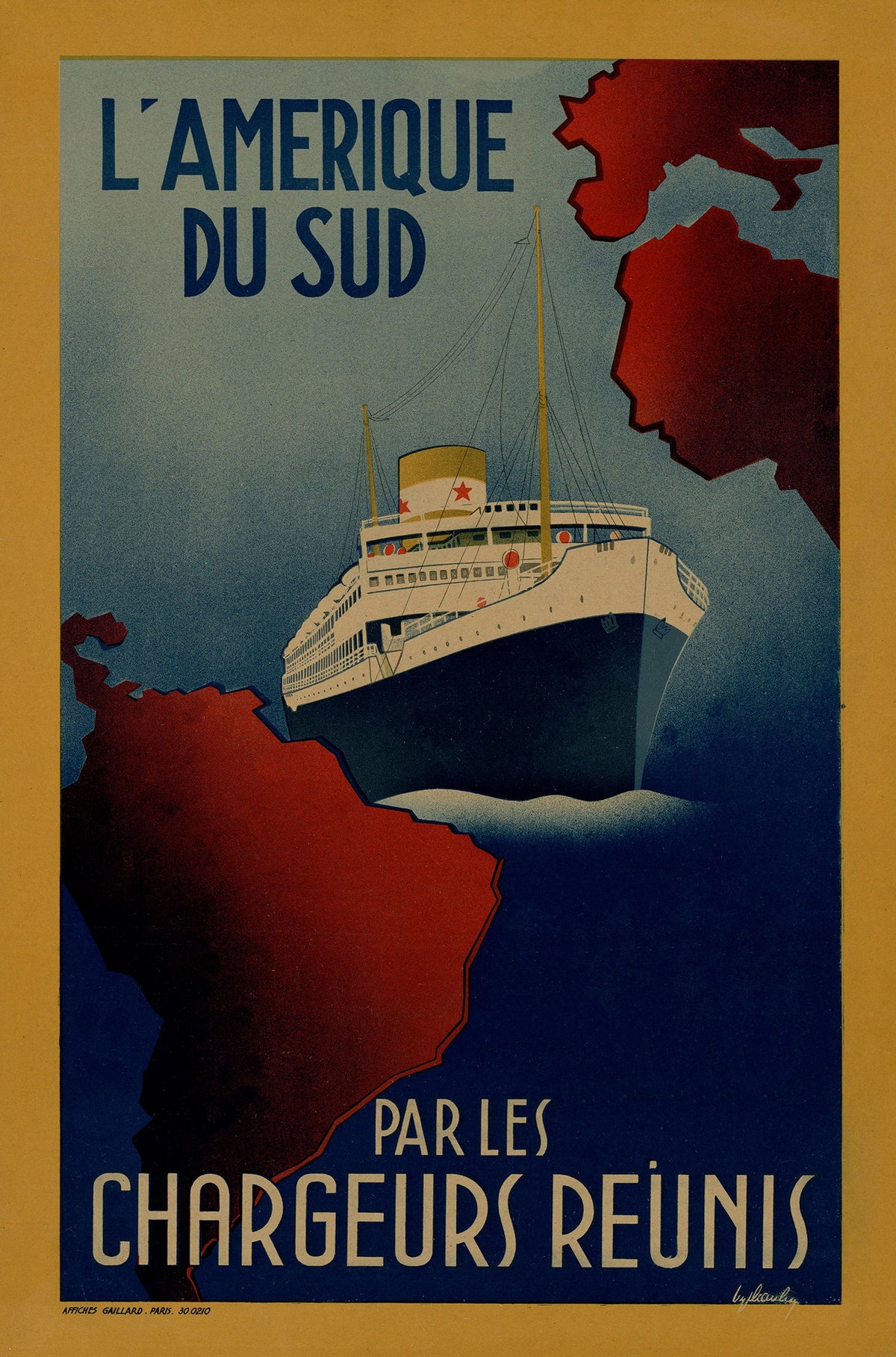 Passenger liner between red continental silhouettes on a blue Chargeurs Réunis travel poster.