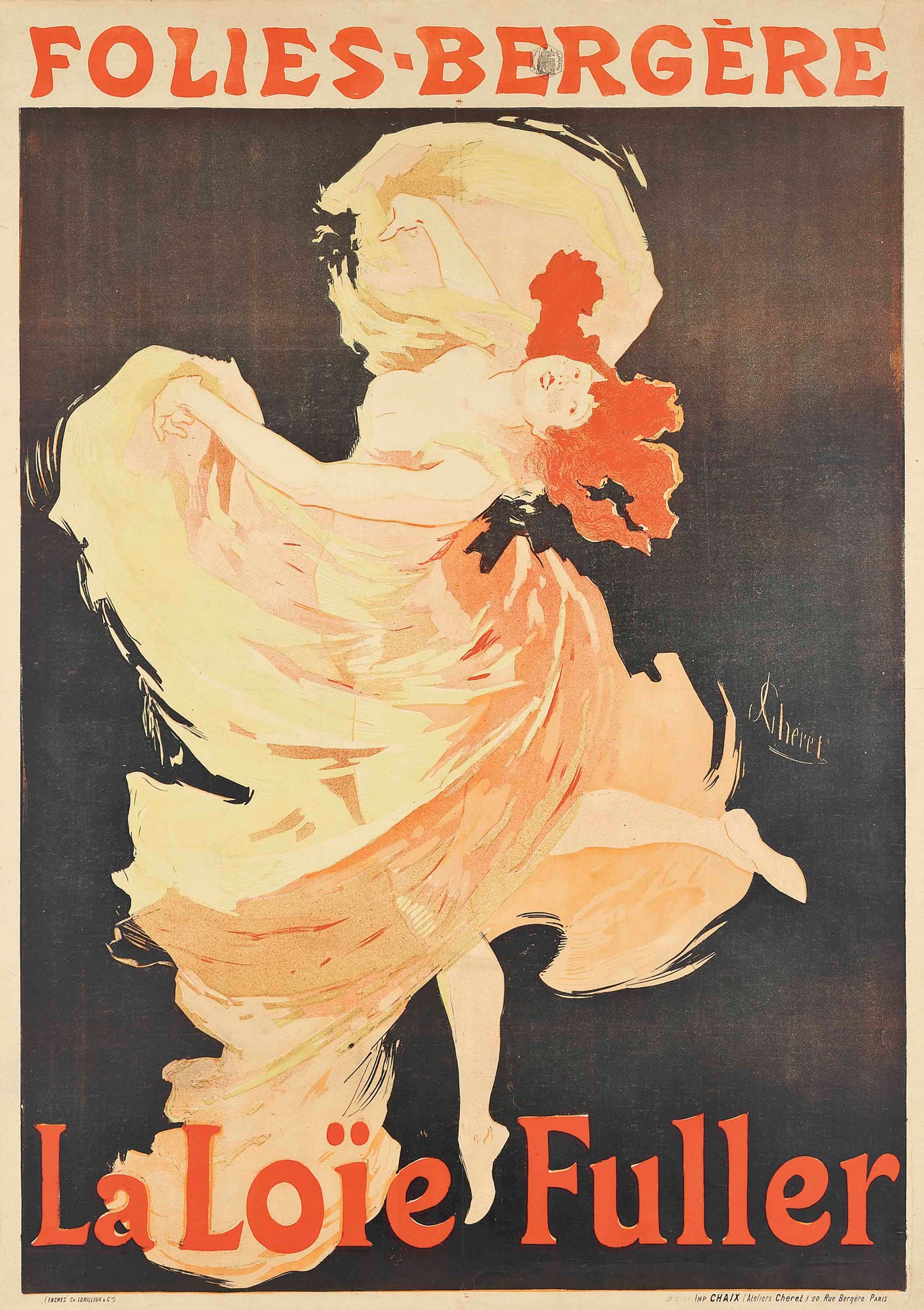 Vintage french advertising poster - La Loie Fuller Folies-Bergere, Jules Cheret c1893