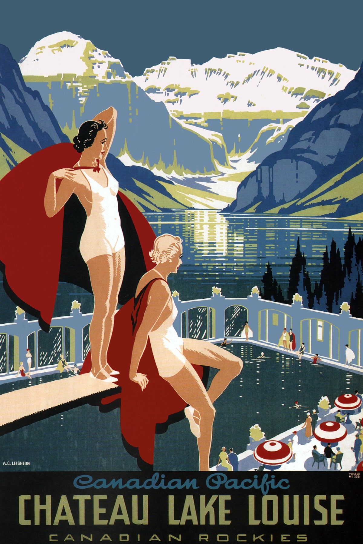 Two swimmers overlook a pool, lake and snow-covered mountain peaks in a dramatic Canadian Rockies travel design.