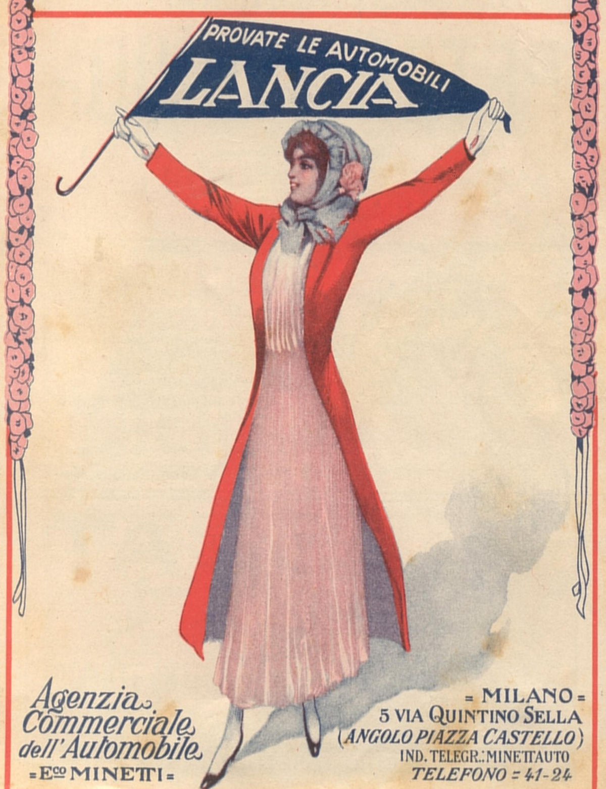 A woman in a long red coat raises a blue Lancia banner within a delicate decorative border.