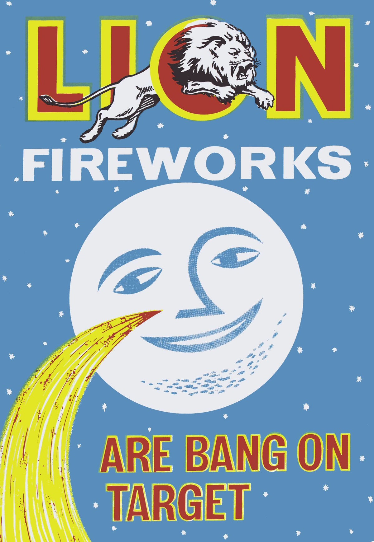 A leaping lion sits above a smiling white moon and a yellow firework trail on a star-speckled blue background.