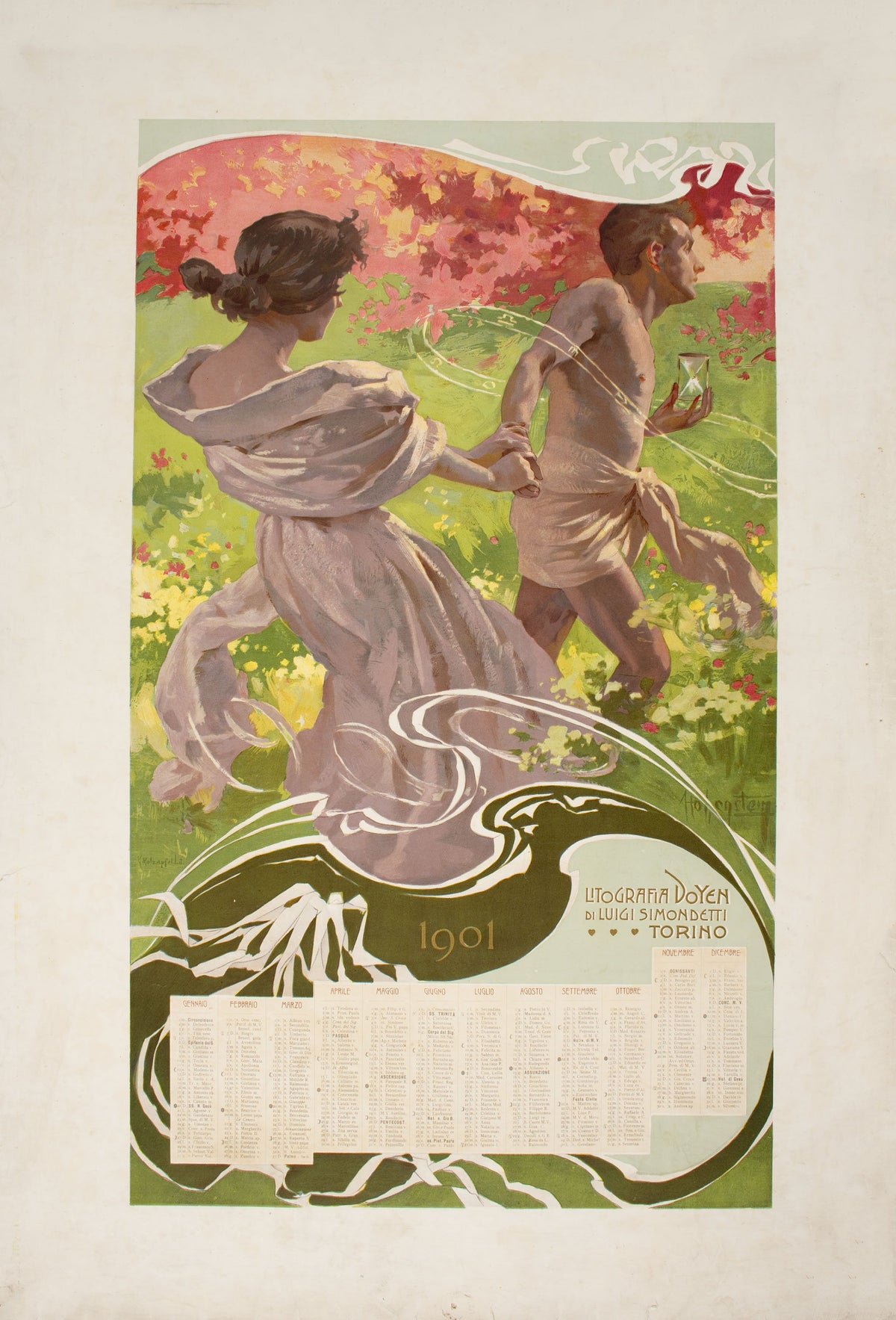 Two lightly draped figures move through a flower-filled garden above flowing decorative lines and a calendar for 1901.