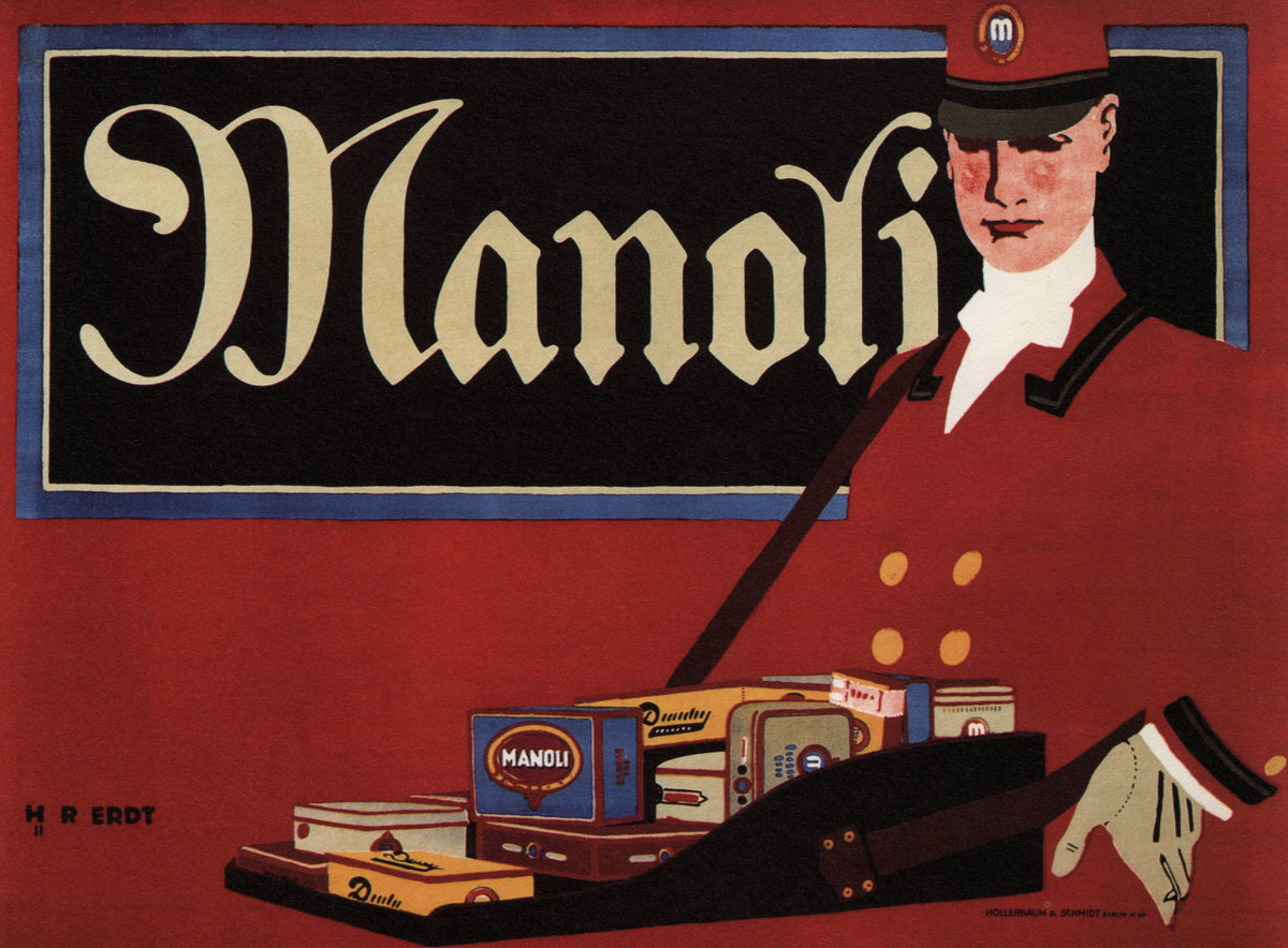 A smartly dressed attendant in a red uniform presents cigarette packets on a black tray beneath sweeping cream Manoli letteri
