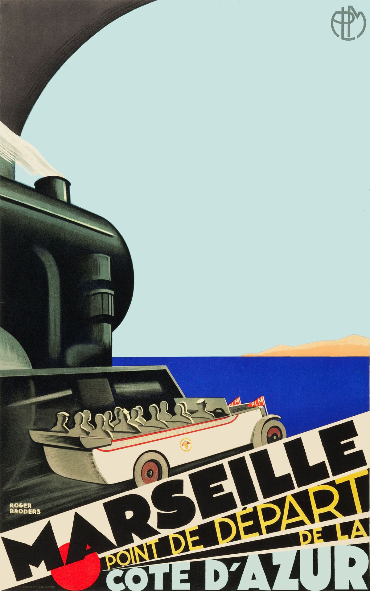 An open touring car follows a coastal road below a dark architectural arch beside vivid blue sea and bold diagonal Marseille lettering.