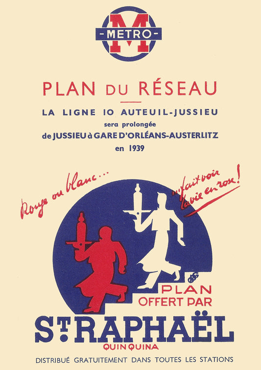 Red and cream dancing figures carry trays inside a blue circle below the Métro emblem and above bold St Raphaël lettering.