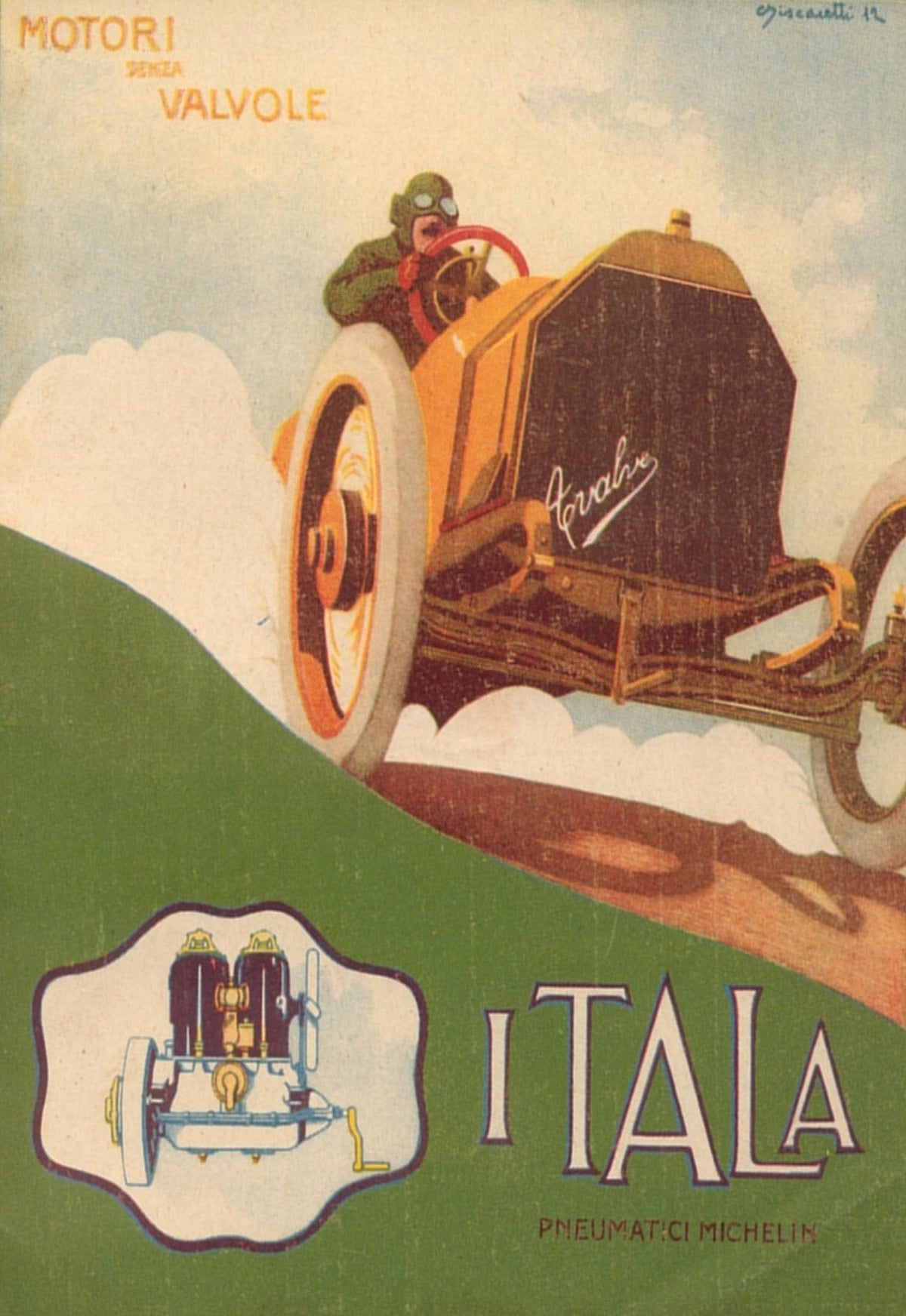 A yellow racing car crests a hill above green Itala lettering and a technical engine illustration.