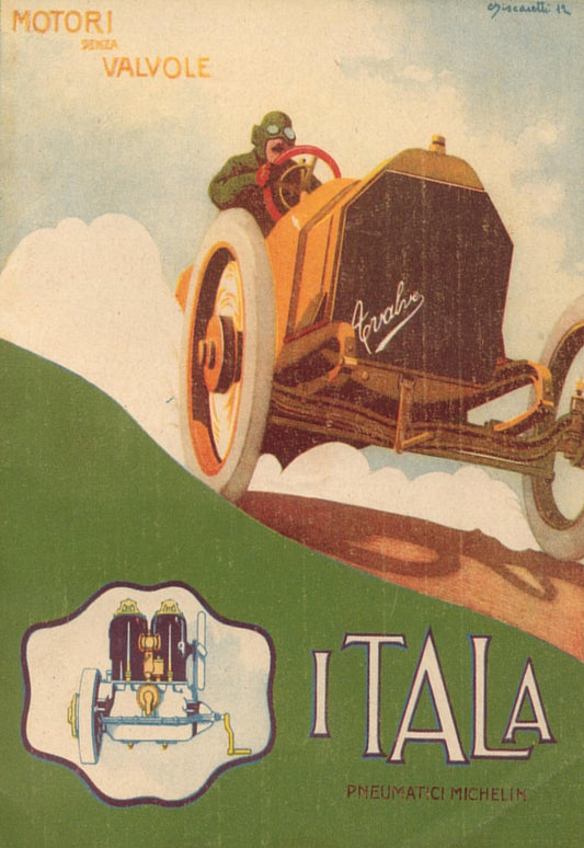 A yellow racing car crests a hill above green Itala lettering and a technical engine illustration.