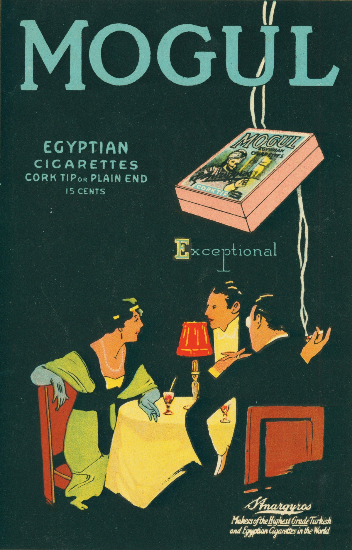 An illustrated dinner party beneath large turquoise Mogul lettering on a dark green background.