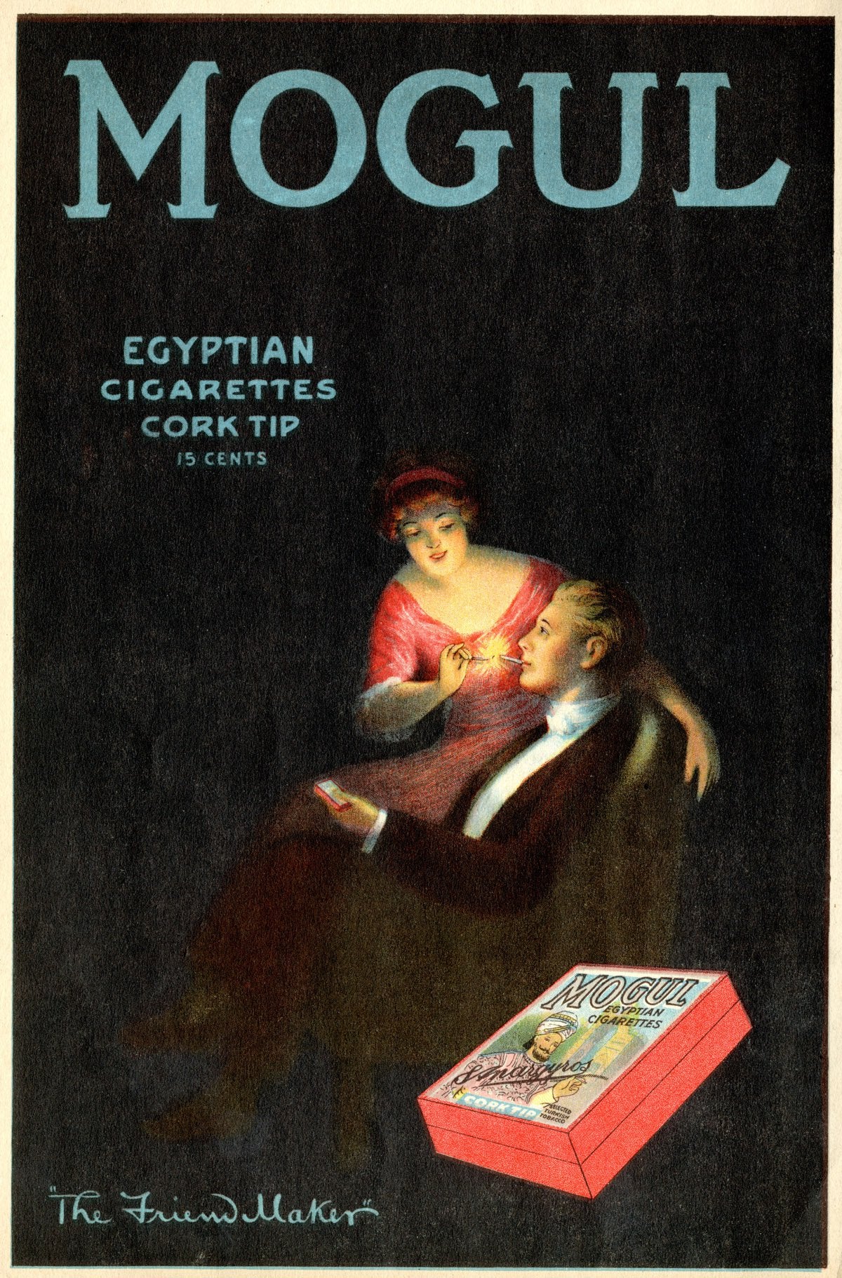 An illustrated couple and a pink cigarette packet beneath turquoise lettering.