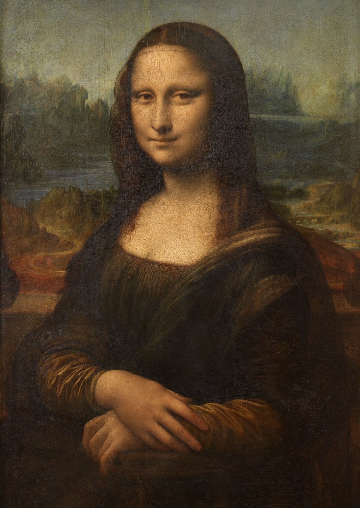 A seated woman with folded hands and a subtle smile appears before a misty mountainous landscape in a softly shaded portrait.