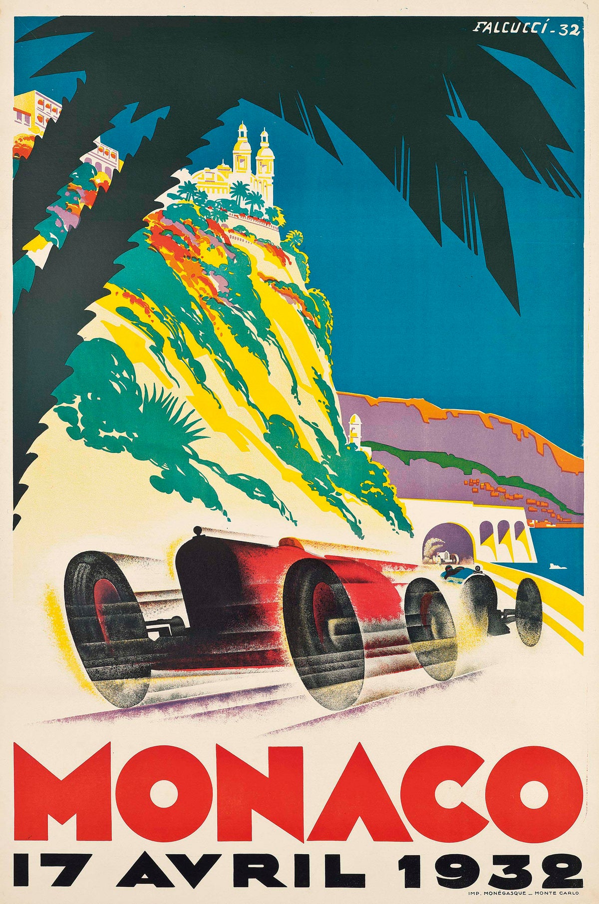 Red and white racing cars sweep beneath palm trees and the Monaco coastline.