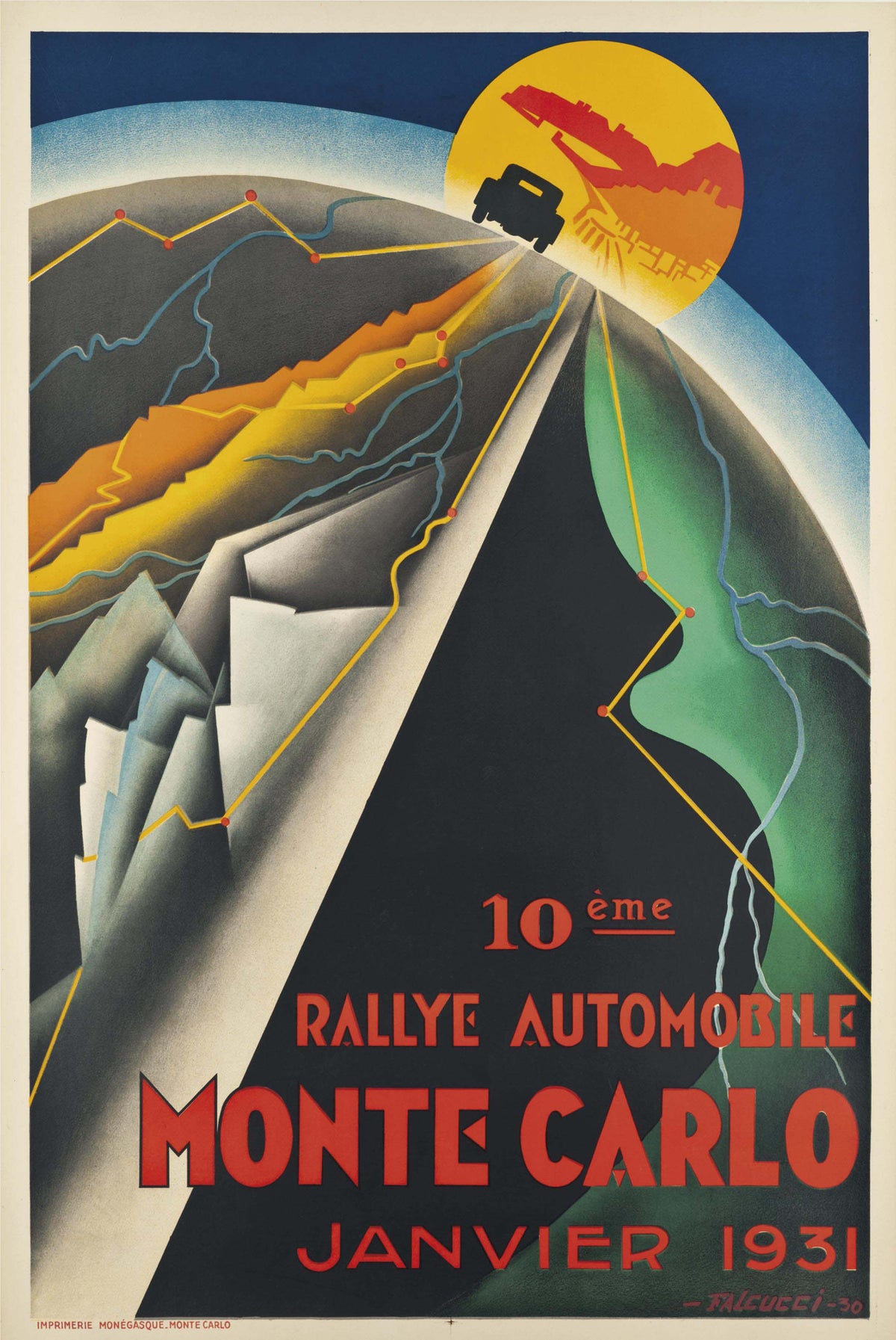 A small car climbs towards a golden sun above a stylised map and mountain roads.