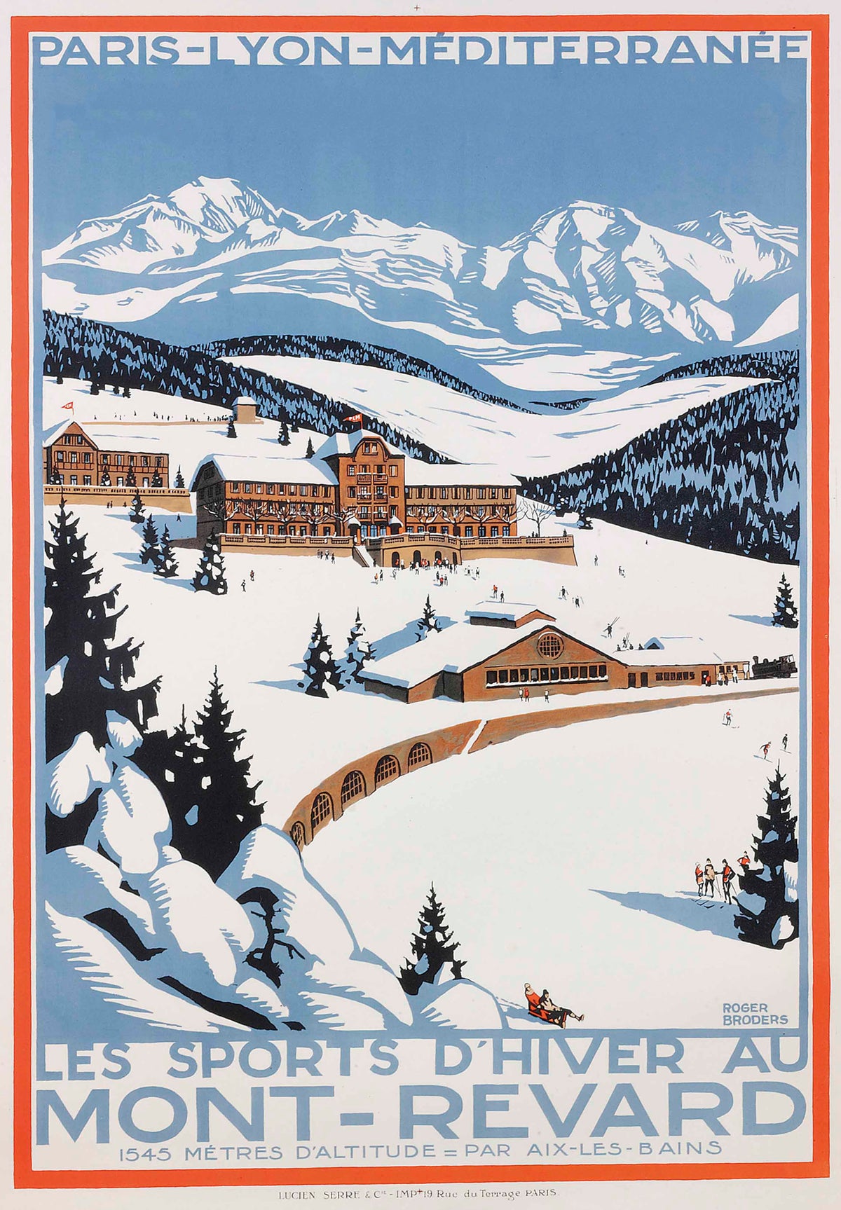Snow-covered hotels and fir trees sit beneath sweeping Alpine peaks with small skiers scattered across the slopes.