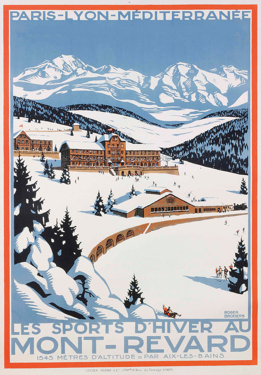 Snow-covered hotels and fir trees sit beneath sweeping Alpine peaks with small skiers scattered across the slopes.