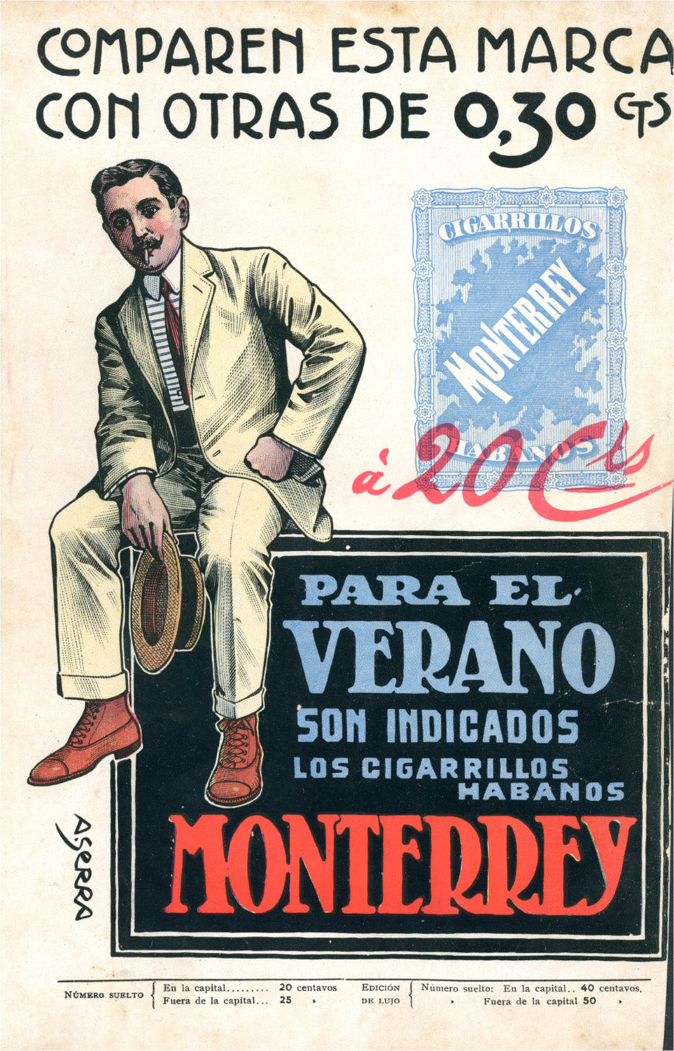A seated gentleman beside bold Spanish lettering and a blue packet illustration.