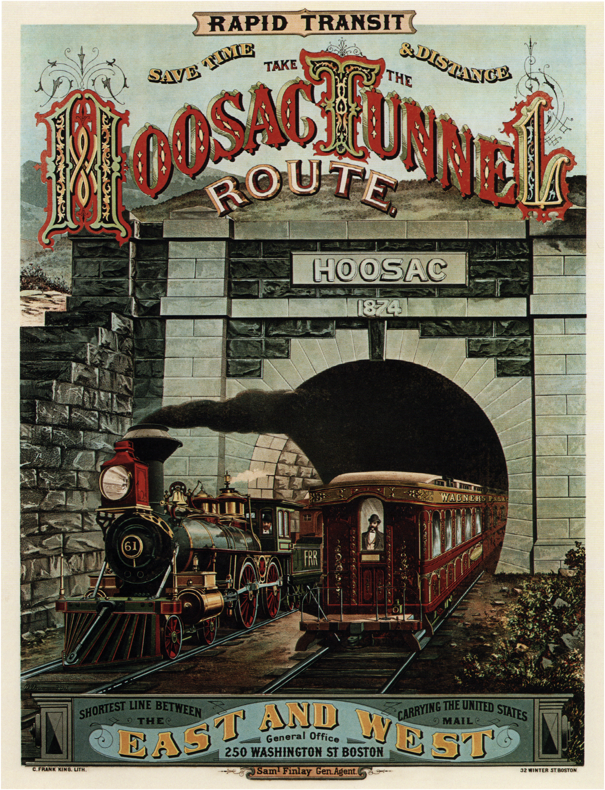 A steam engine and passenger carriage emerge from a stone tunnel beneath ornate red Hoosac Tunnel Route lettering.
