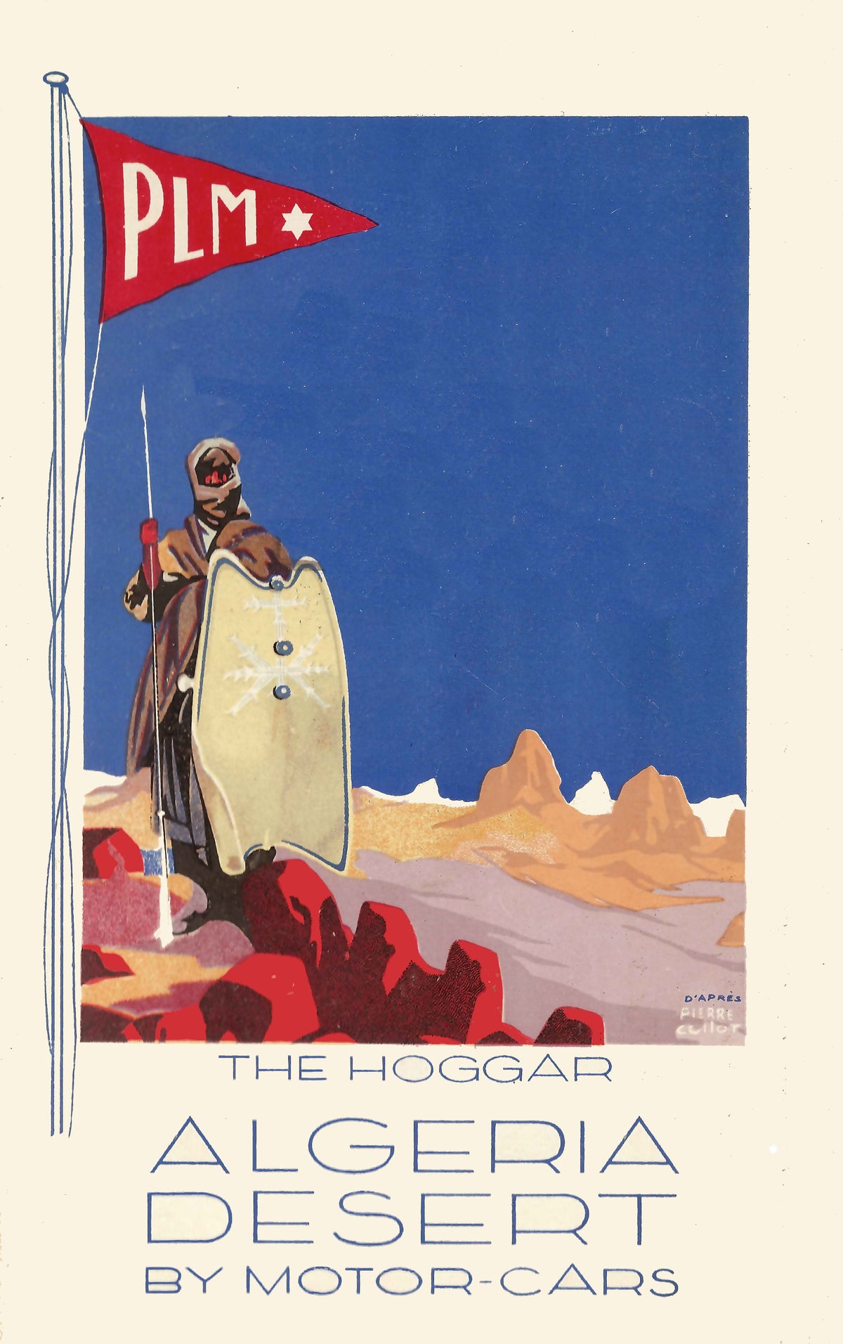 A figure with a shield stands below a red PLM pennant against a deep blue sky and a stylised desert landscape.