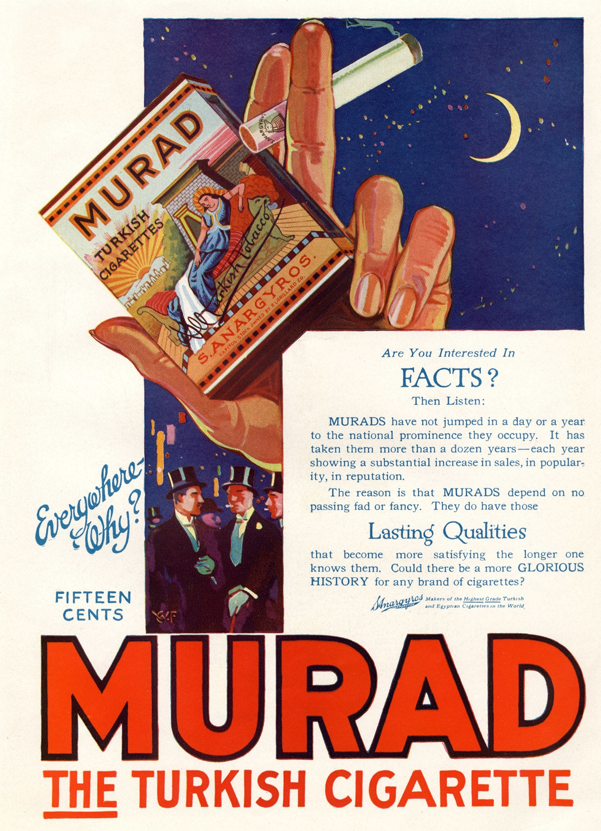 A hand holding a packet and cigarette against a blue night sky with bold red Murad lettering.