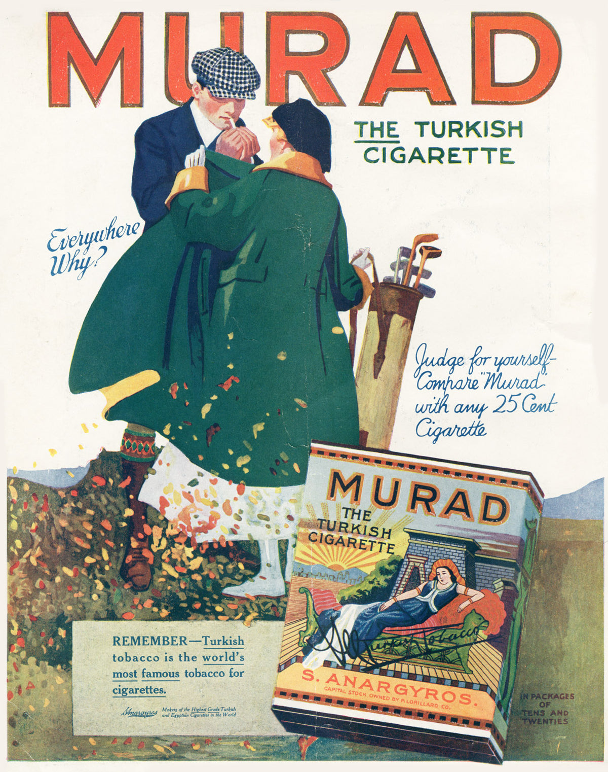 An illustrated golfing couple in green and blue beside a golf bag and large red Murad lettering.