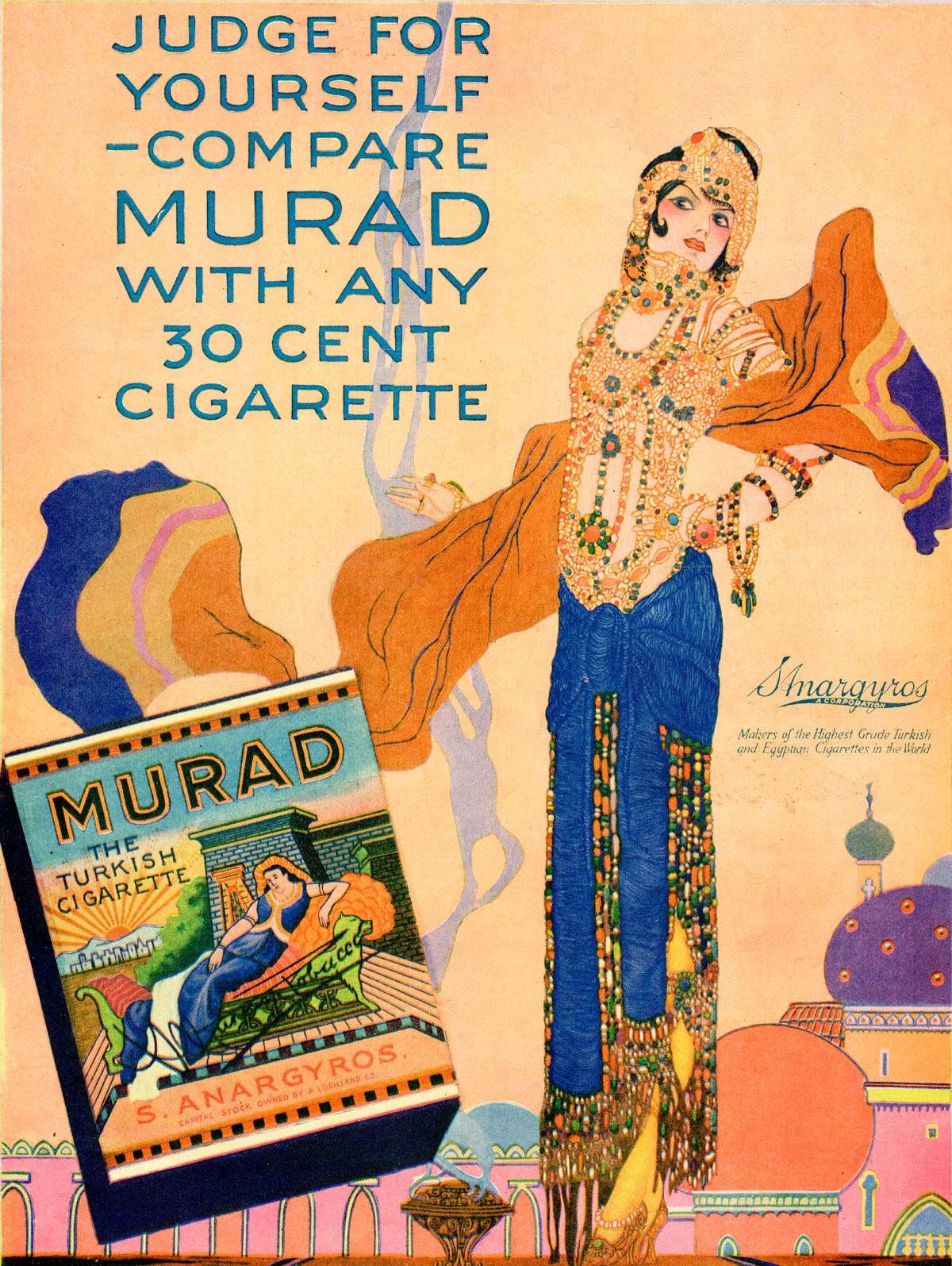 A richly dressed figure in blue and orange beside turquoise lettering and decorative domes.