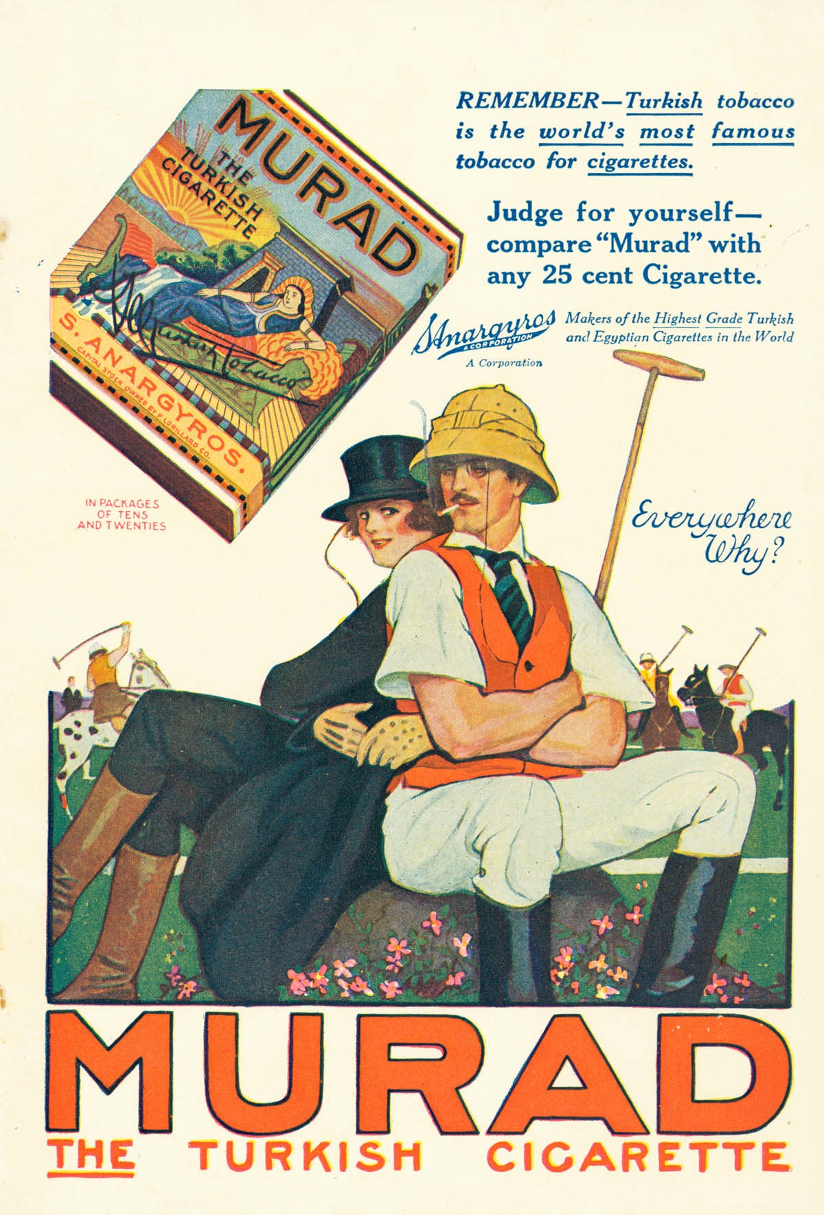 A seated couple with a polo mallet, floral details and large red Murad lettering.