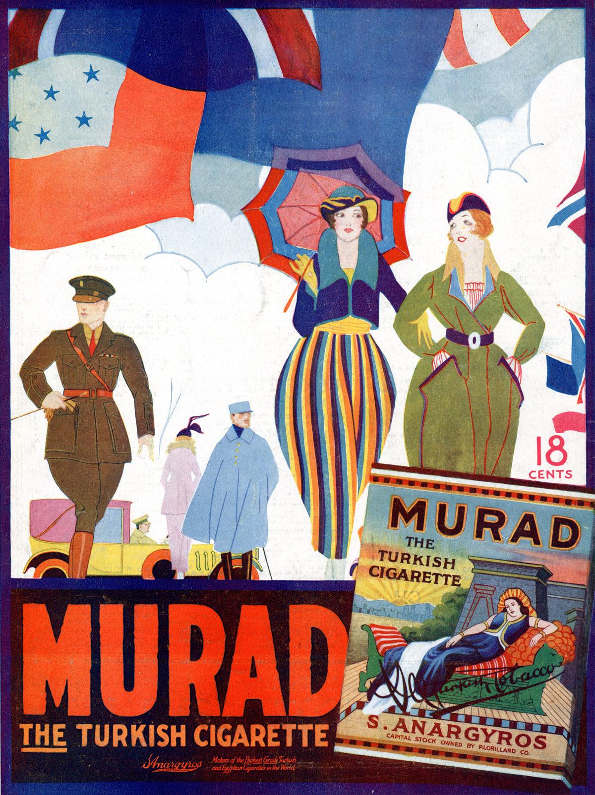 Colourful flags above fashionably dressed figures, a parasol and bold red typography.
