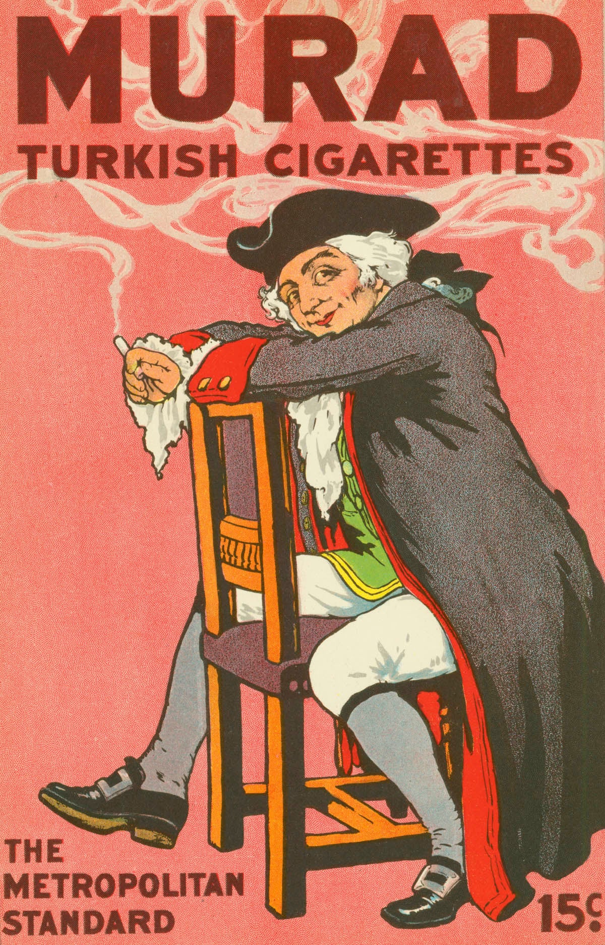 An illustrated figure leaning over a wooden chair against a pink background.