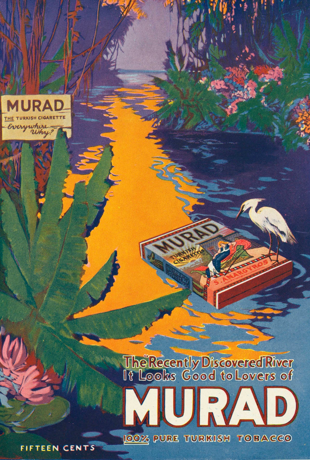 A cigarette packet floats beside a white bird on a richly coloured river surrounded by tropical foliage and golden reflection